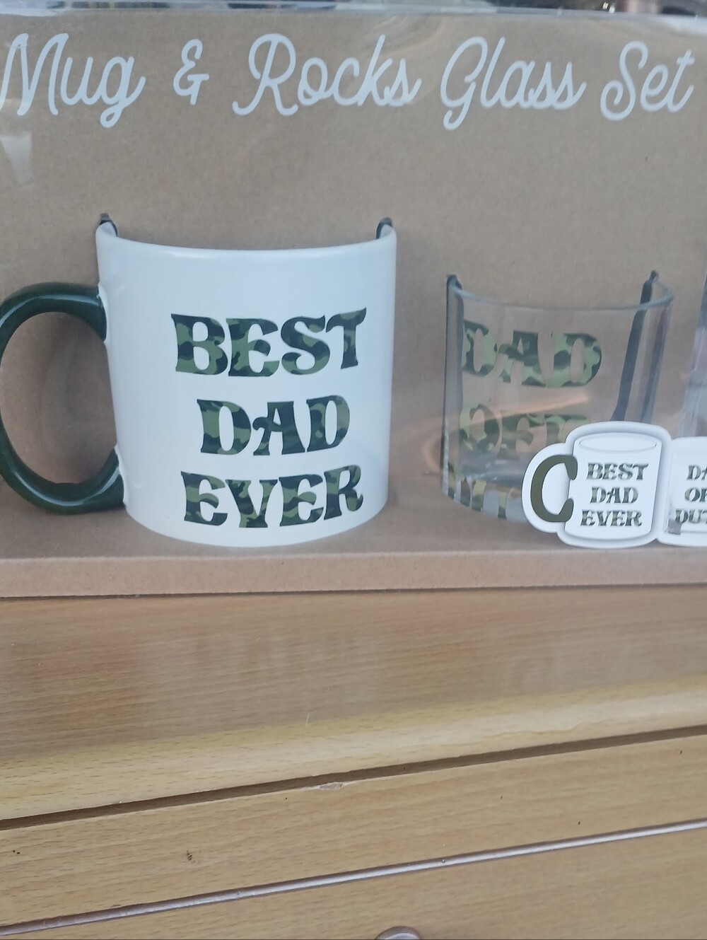 Best Dad Ever Mug & Rocks Glass Set - White with Green Camo Print